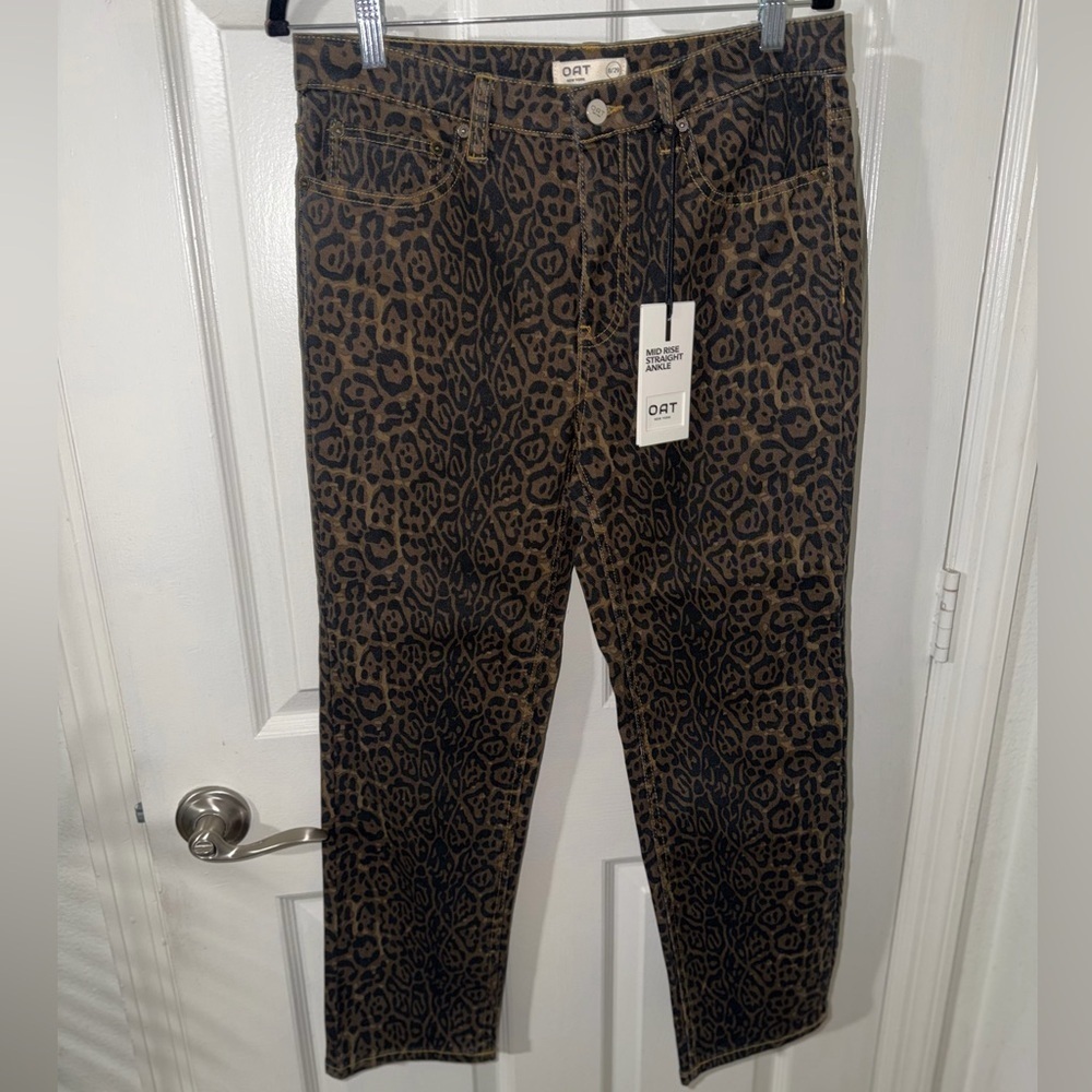 OAT New York Leopard Print Mid Rise Straight Ankle Jeans NWT
